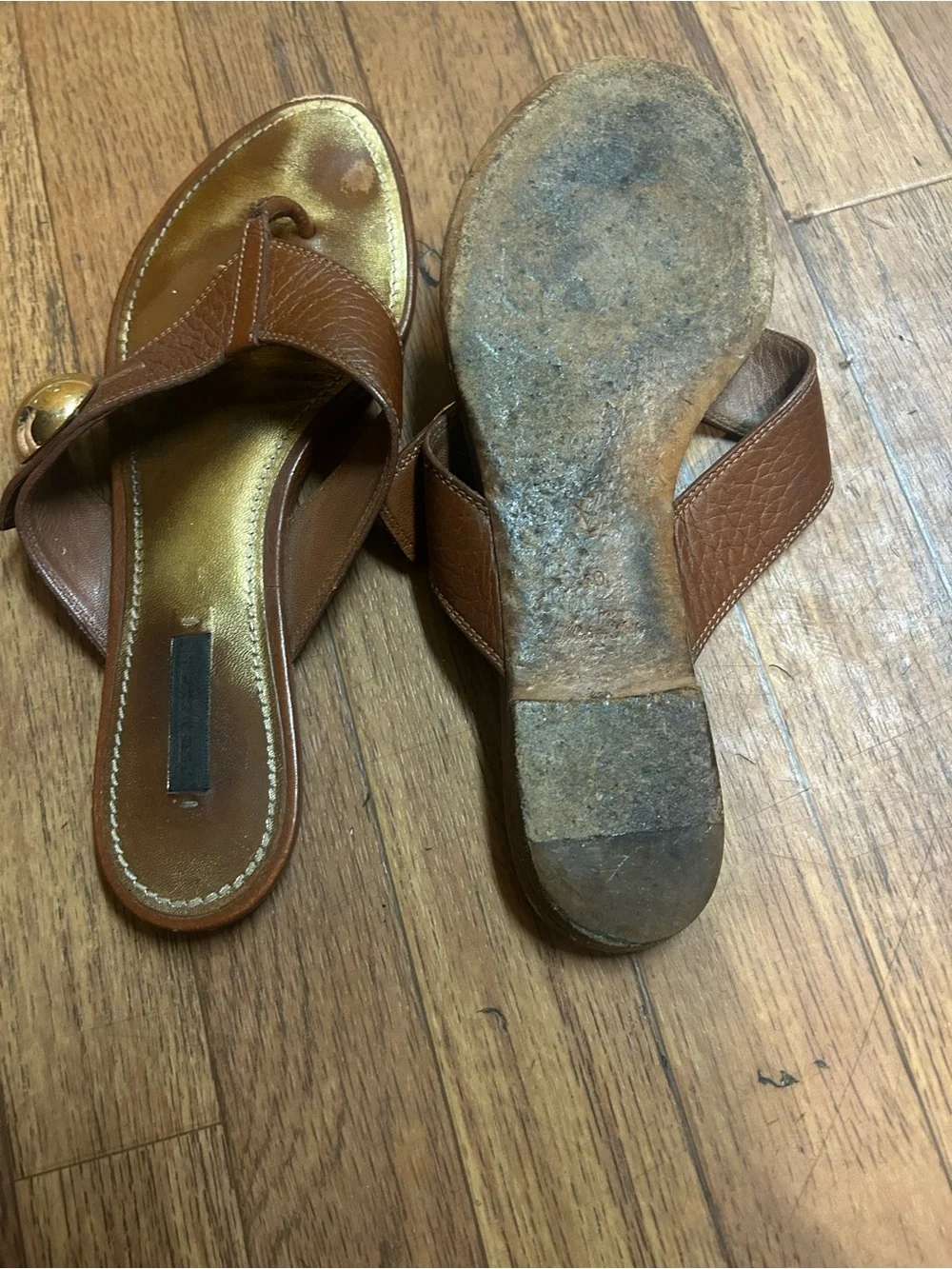 Louis Vuitton Brown Leather Thong Sandals with Gold Accent